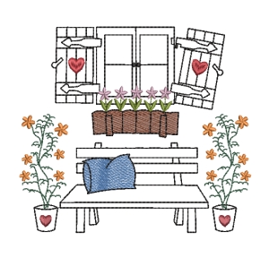 Stickdatei-Gartenbank-am-Schupfen-Scheune-altes-Fenster