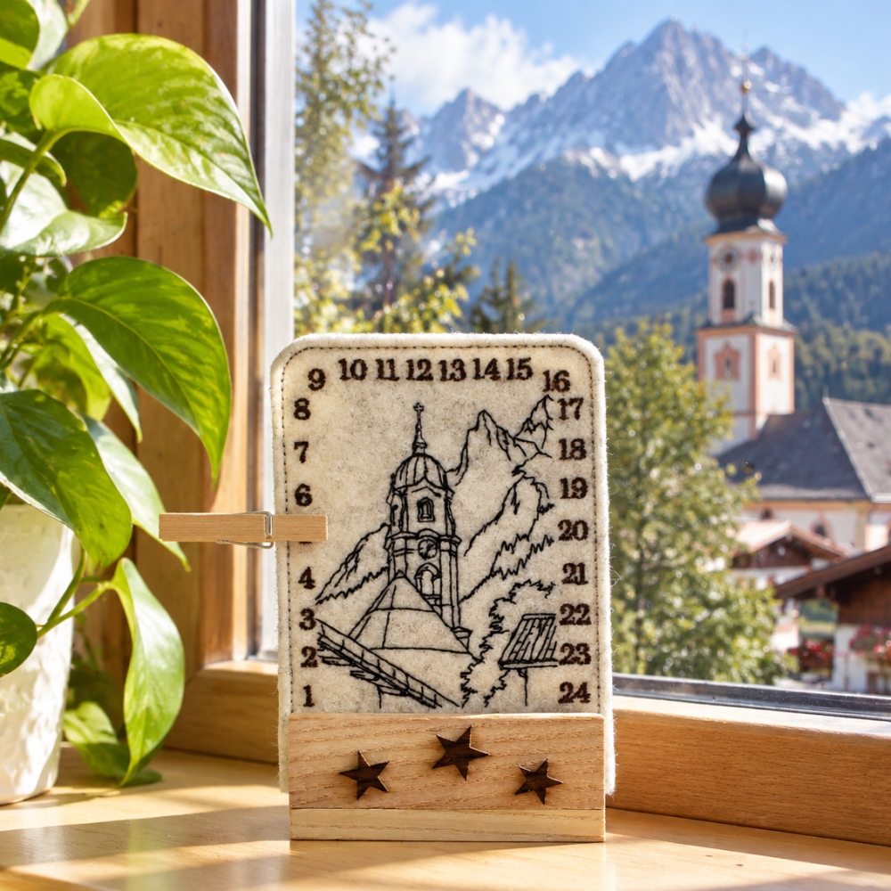 Bild 1 von Stickdatei ITH Tischadventskalender Dorf Kirche Berge ab 10x10cm Adventskalender Bergliebe