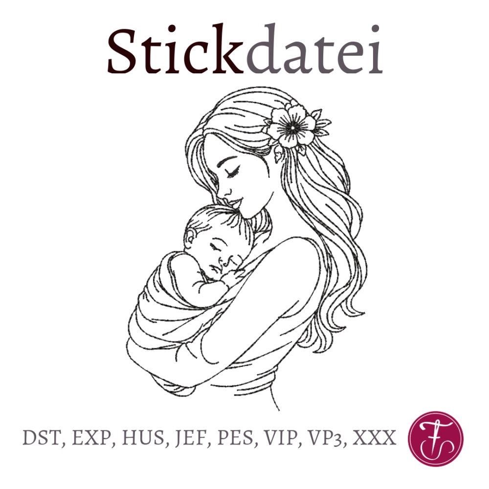 Bild 1 von Stickdatei Mama Mutter mit Baby Konturstickdatei in verschiedenen Größen mit ITH Mutterpass