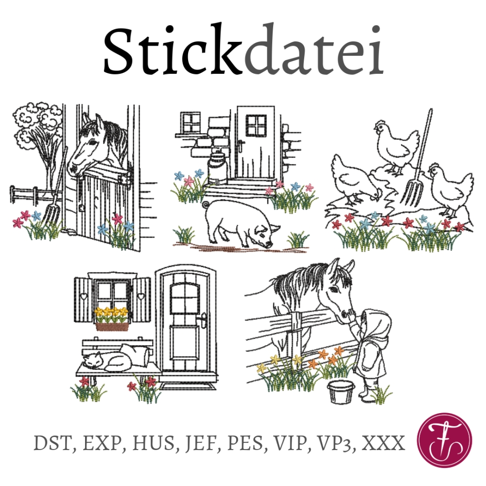 Bild 1 von Stickdatei Landleben Pferd Huhn Schwein Katze SET Redwork Konturstich  / (Stickrahmengröße) 10x10cm 