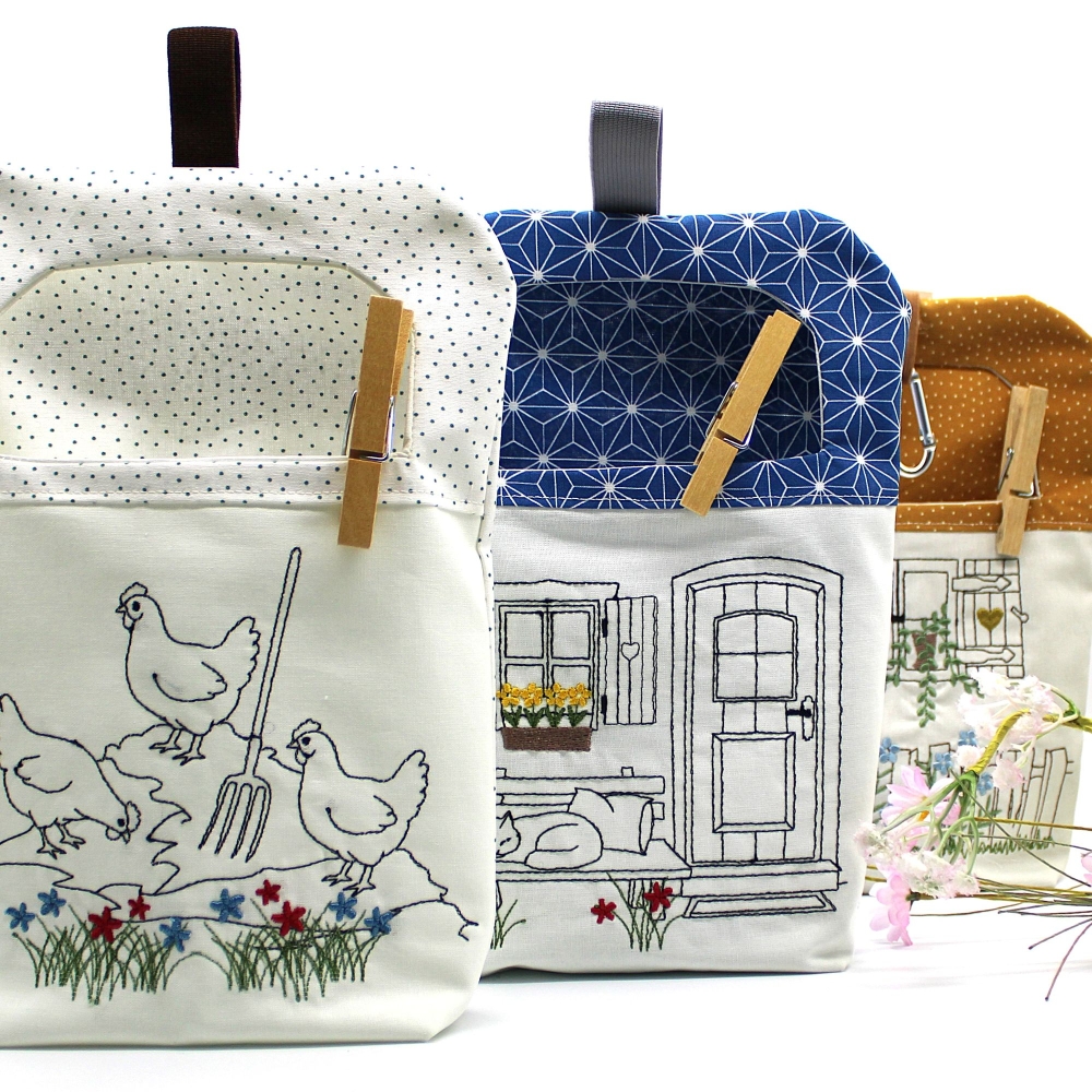 Bild 1 von Stickdatei ITH Wäscheklammersack 5 Motive Landleben mit blanko Datei  / (Stickrahmengröße) 24x36cm