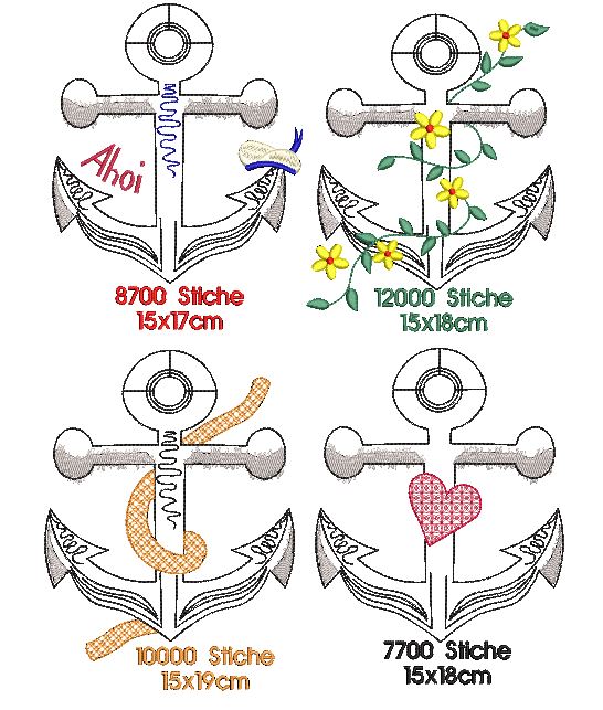 Bild 1 von Stickdatei Anker Redwork  4 Motive  / (Größe) SET 13x16cm/ 15x19cm/ 18x22cm