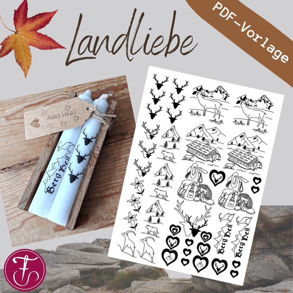 Bild 1 von Vorlage für Kerzentattoo Landliebe Alm Berge pdf Kerzensticker für Wasserschiebefolie