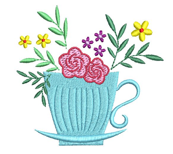 Bild 1 von Stickdatei Kaffeetasse Teetasse mit Blumen 3 Größen