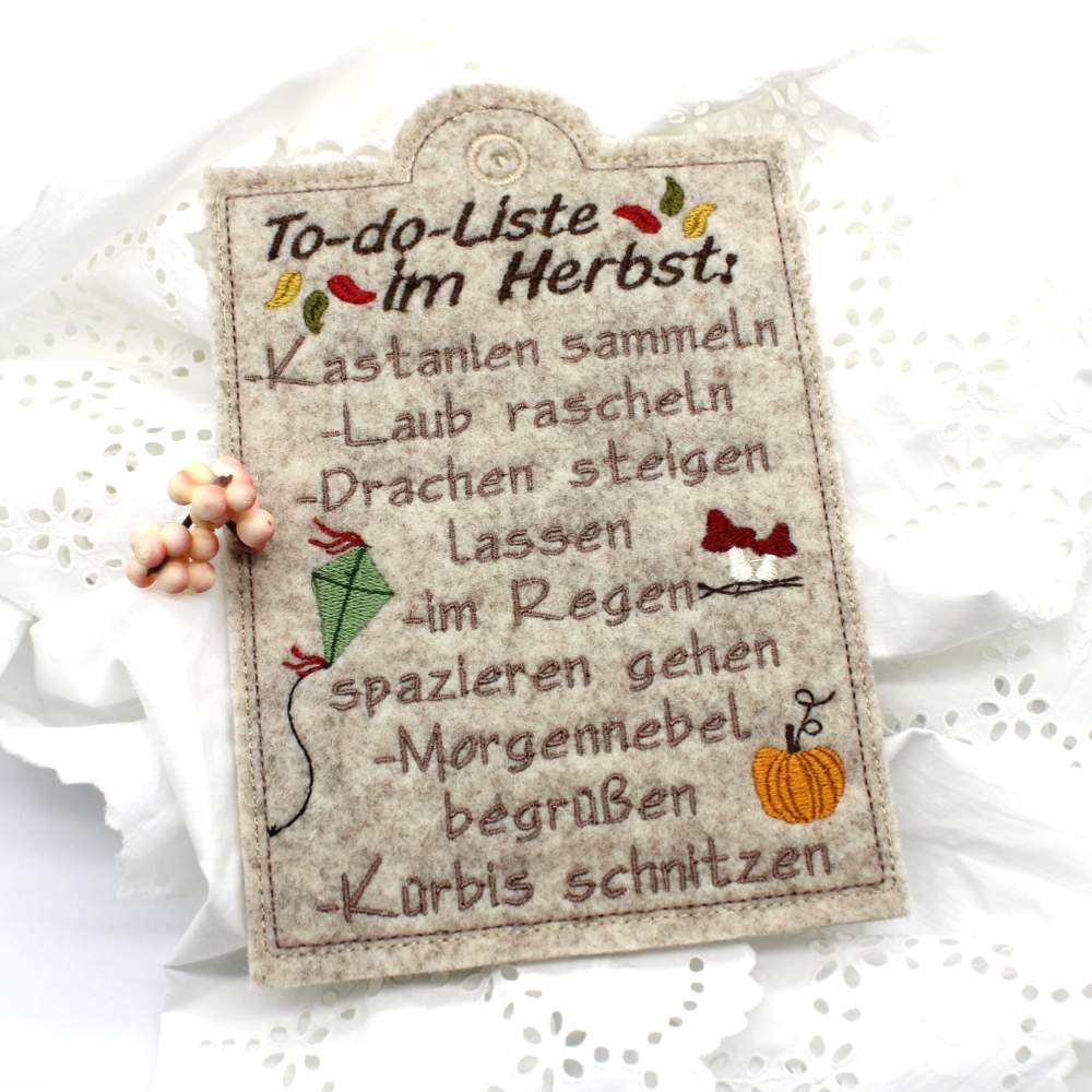 Bild 1 von Stickdatei ITH Schild Herbst Todo Liste Laub Kürbis 
