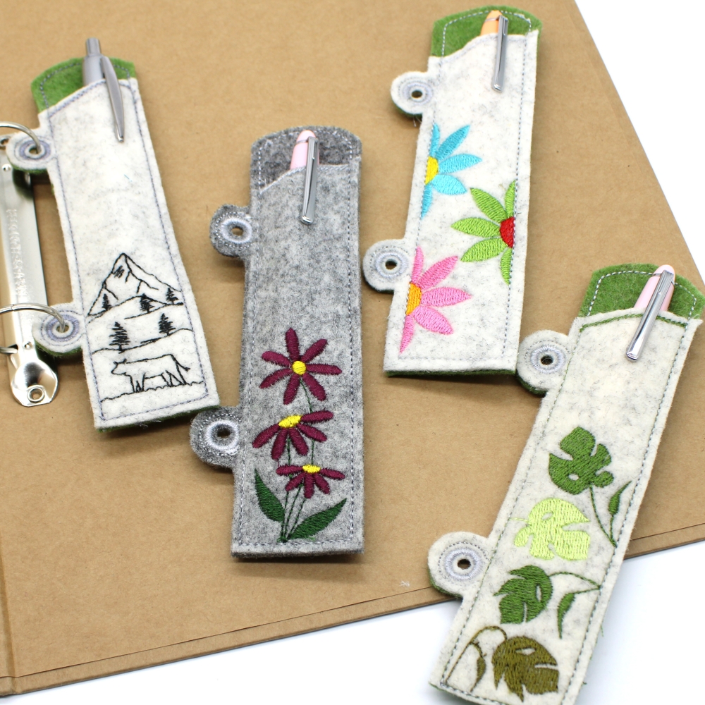 Bild 1 von ITH Stickdatei Ringbuch Ordner Stifteetui schmal für Kugelschreiber Motive Blumen 